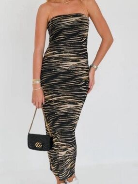 12th Tribe Black and Tan Strapless Zebra-Print Midi Dress